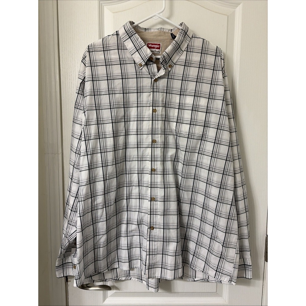 Wrangler Men's Button Down Shirt White & Gray Plaid Wrinkle Resist Size 2XL